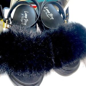 black fluffy platform sandals with buckle